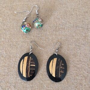 Chic Black and Gold Oval Earrings Green Tropical Earrings Set Of 2